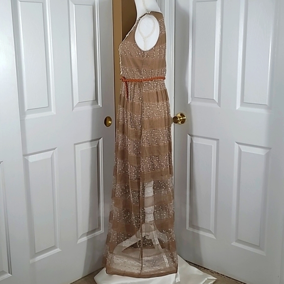 A'reve Striped Sleeveless Maxi Sundress Dress Brown Cream Crocheted Front - Picture 7 of 16